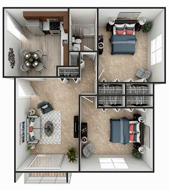 A top-down view of a small apartment with a kitchen, living room, and bedrooms.