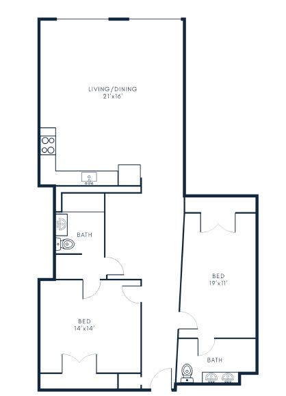 B1 2 Bed 1.5 Bath Floor Plan Layout at Riverwalk Apartments, Lawrence, MA 01843