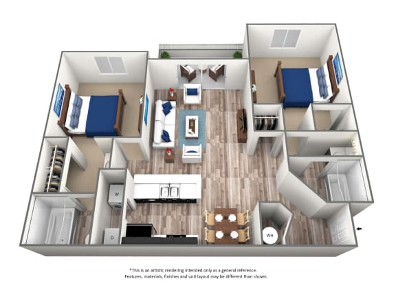 2 Bedroom X 2 Bath - 960 Sq. Ft. Floor Plan - B1 - Renovated at Villa Serena, Henderson, 89014