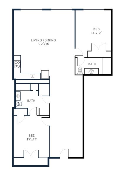 B10 2 Bed 2 Bath Floor Plan Layout at Riverwalk Apartments, 01843