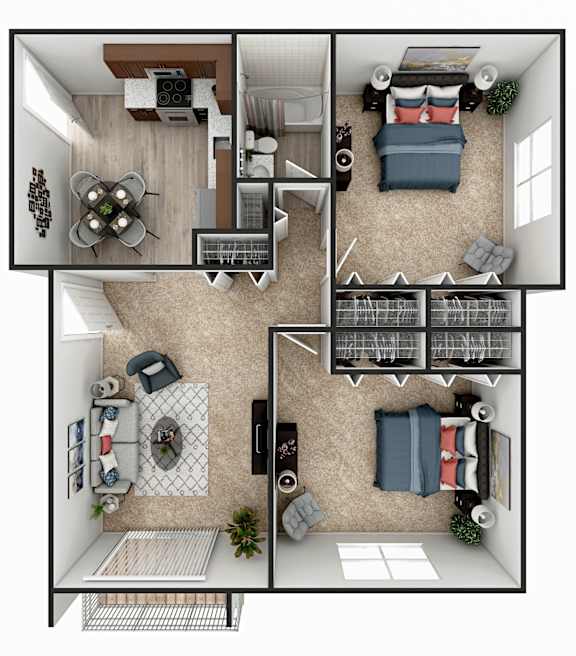 A top down view of a small apartment with a kitchen, living room, and bedroom.