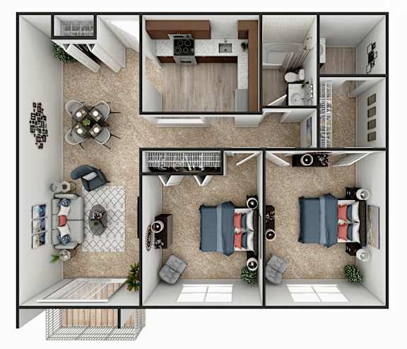 Floor Plan  A top-down view of a house interior with a living room, dining area, kitchen, and bedrooms.