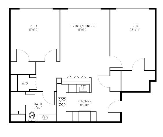 B6 2 Bed 1 Bath Floor Plan Layout at Riverwalk Apartments, Lawrence, Massachusetts 01843