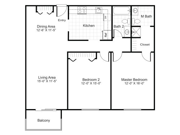 Floor Plan  B6 - 2x2 - 1100 sq. ft.