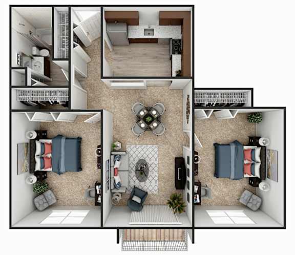 A top-down view of a house layout with a living room, kitchen, and two bedrooms.