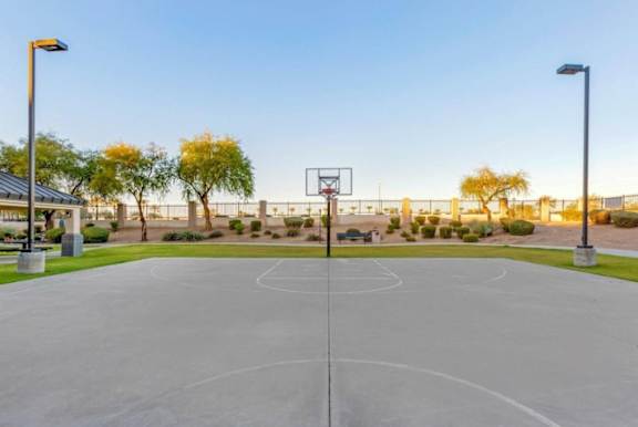 A basketball court is surrounded by trees and has a basketball hoop in the middle at Sweetwater At Metro North Apartments, Arizona 85029