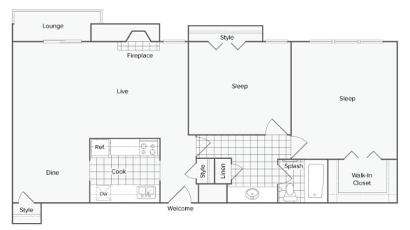 2 Bedroom 1 Bathroom Floor Plan at Cliffs at Canyon Ridge, Ogden, UT, 84401