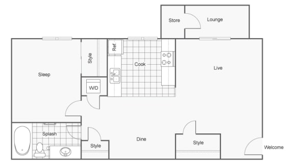 1 Bedroom 1 Bath Floor Plan at 2900 Lux Apartment Homes, Las Vegas, Nevada