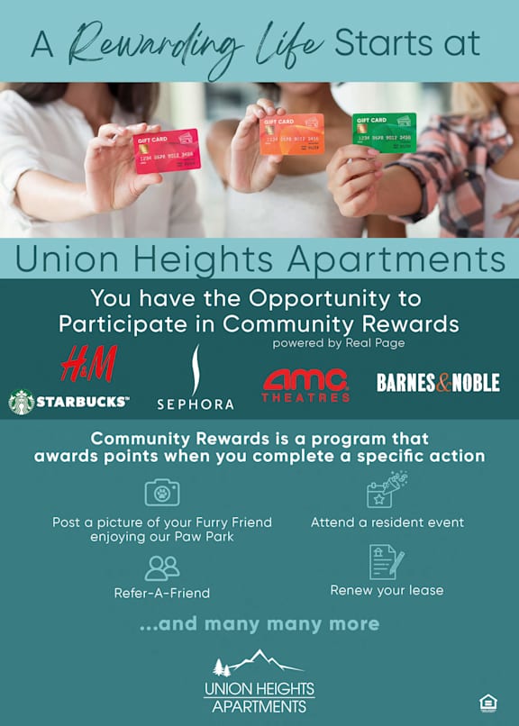 A poster advertising a community rewards program at Union Heights Apartments.