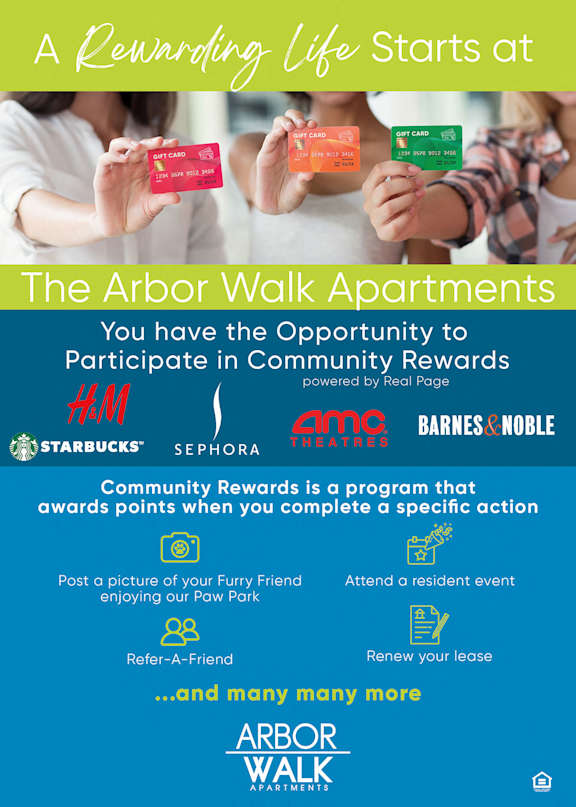 Community rewards program flyer with gift cards at The Arbor Walk Apartments, Tampa, 33617