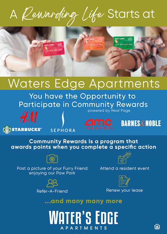 A poster advertising a community rewards program at Waters Edge Apartments