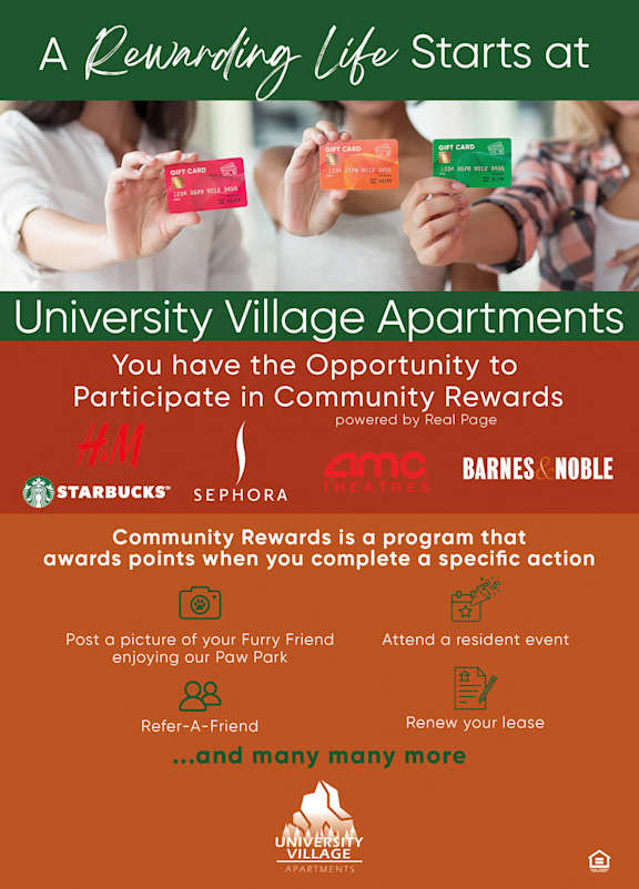 A poster advertising a community rewards program at University Village Apartments