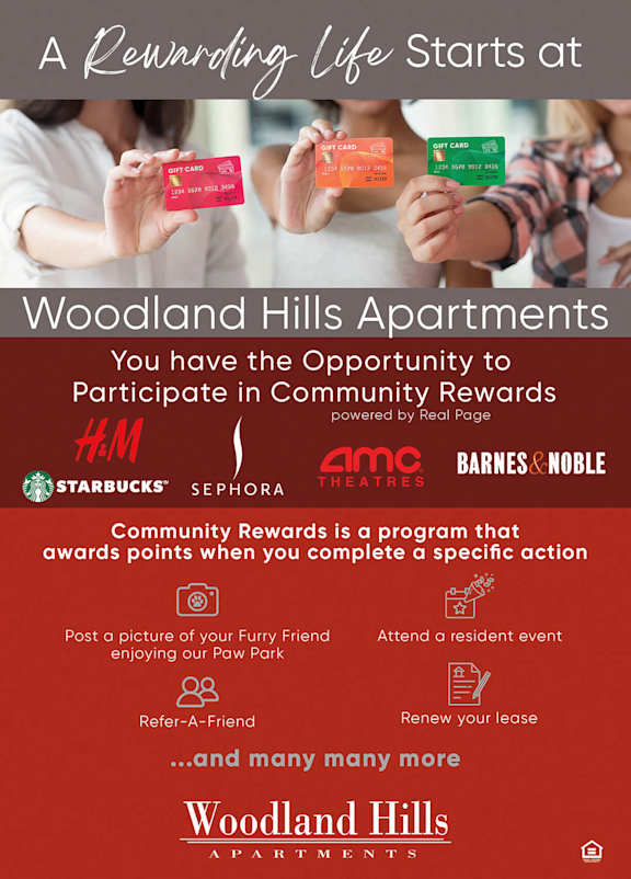 A poster advertising a community rewards program at Woodland Hills Apartments.