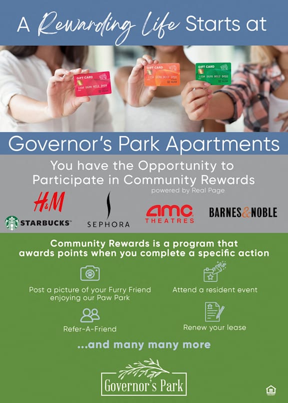 A poster advertising a community rewards program at Governor's Park Apartments.