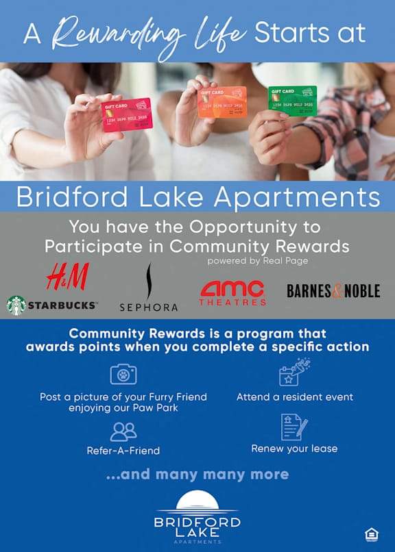 A poster advertising a community rewards program at Bridford Lake Apartments. at Bridford Lake Apartments, North Carolina, 27407