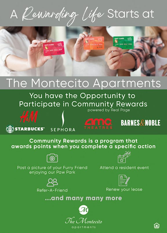 A poster advertising a community rewards program at The Montecito Apartments.