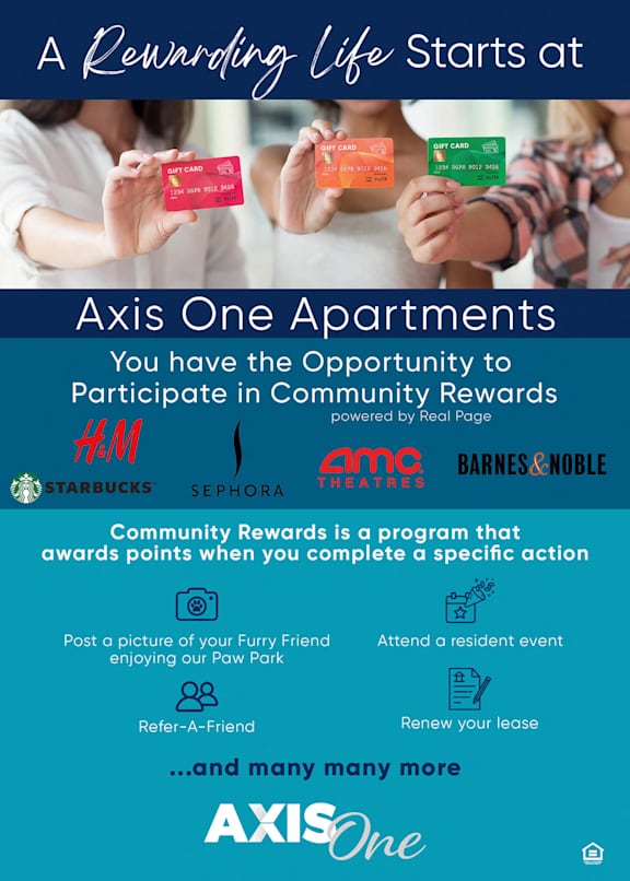 A poster advertising a community rewards program at Axis One Apartments.