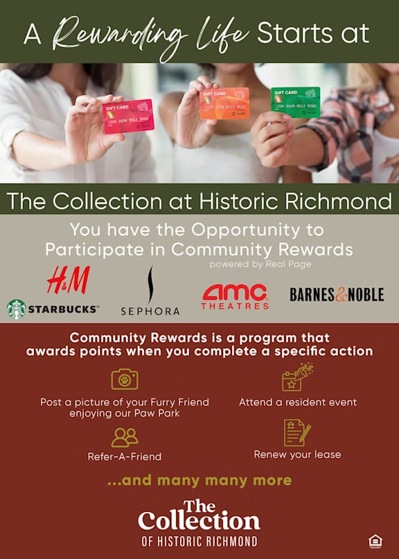 A poster advertising a community rewards program at the Collection at Historic Richmond