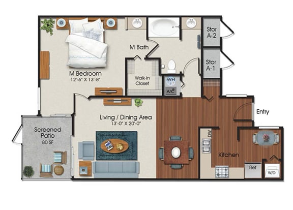 1 Bedroom A 1 Bath Floor Plan at Water's Edge Apartments, Florida