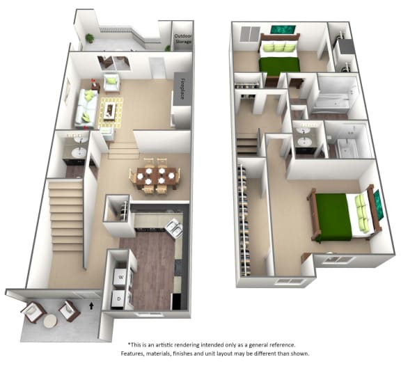 Floor Plan  B2 2 bedroom 2.5 bath floor plan at The Willows on Rosemeade, TX 75287