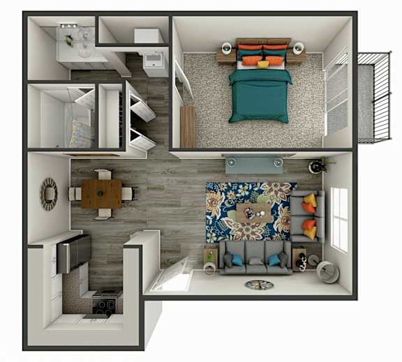 A 3D rendered image of a modern apartment layout.
