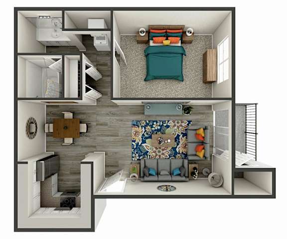 A 3D rendered image of a small apartment layout.