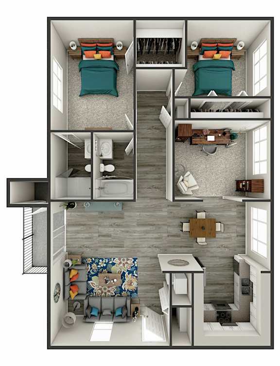 A top-down view of a small apartment with a kitchen, living room, and bathroom.