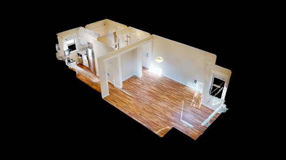 A top down view of a house with a kitchen, living room and bedrooms.