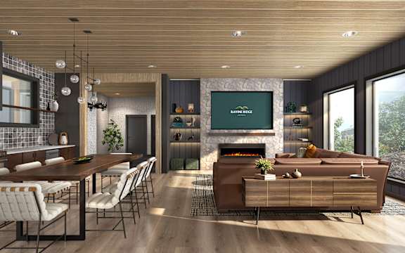 A modern living room with a fireplace and a dining table.