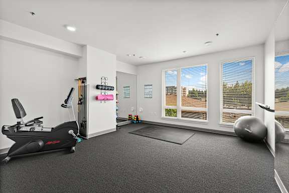 A spacious room with a treadmill, exercise ball, and yoga mat.