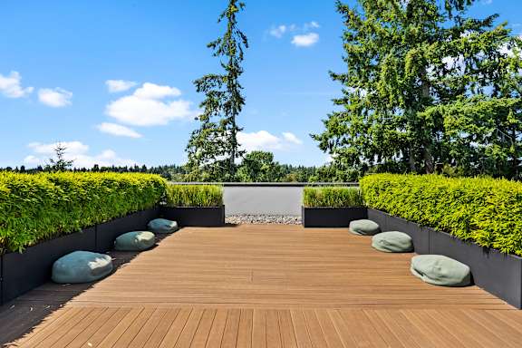 A wooden deck with green plants on the sides.