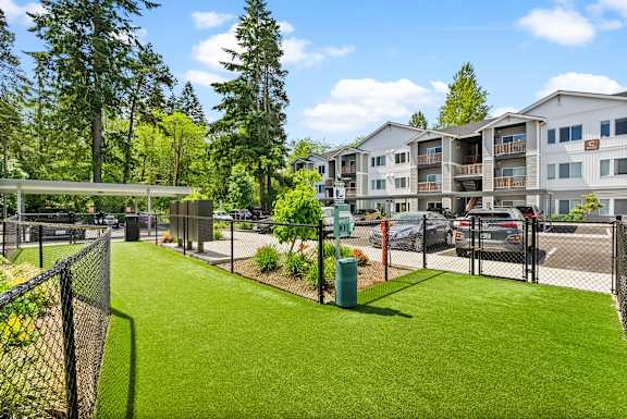 A grassy area in front of apartment buildings.