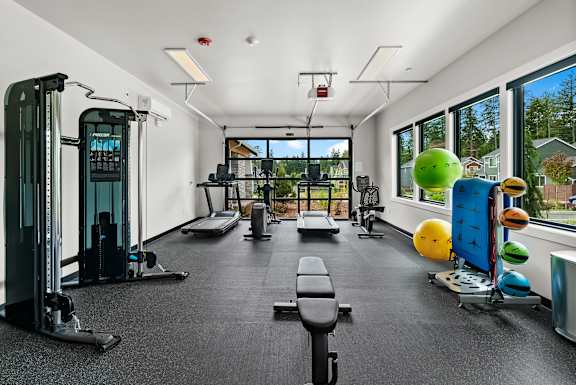 A gym with a variety of equipment including a treadmill, weights, and exercise balls.