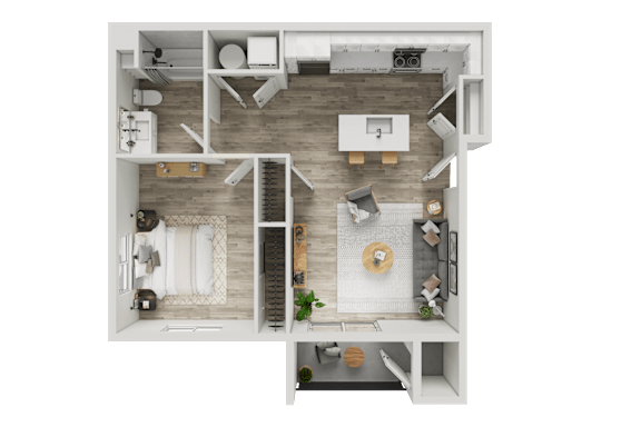 A top-down view of a modern apartment layout with a kitchen, living room, and bathroom.