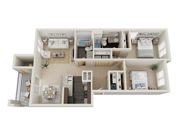 a stylized floor plan with a bedroom and a bathroom