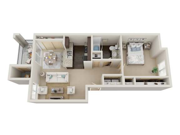 a stylized floor plan with a bedroom and a living room
