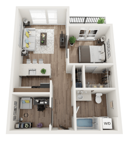 A top-down view of a small, well-organized apartment with a kitchen, living room, and bedroom.