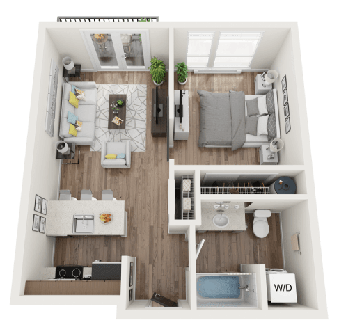 A top-down view of a small, neatly organized apartment with a living room, kitchen, and bathroom.