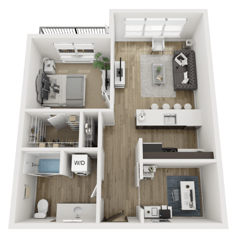 A 3D rendered image of a small apartment layout.
