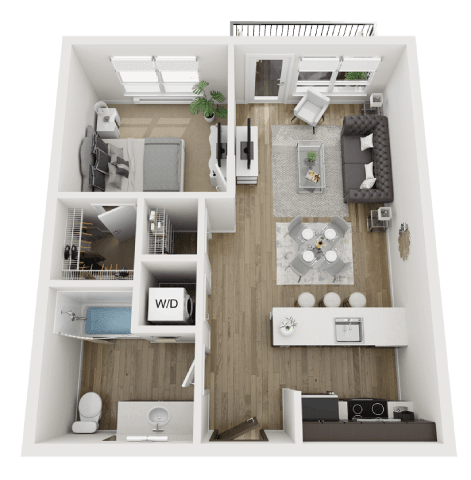 A 3D floor plan of a small apartment with a kitchen, living room, and bathroom.