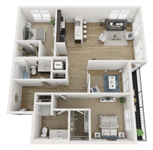 A detailed 3D floor plan of a two-story apartment.