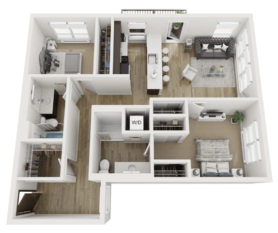 A 3D floor plan of a house showing a living room, kitchen, and bedrooms.