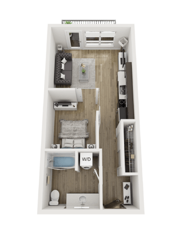 A top-down view of a small, neatly organized apartment with a bed, desk, and kitchenette.