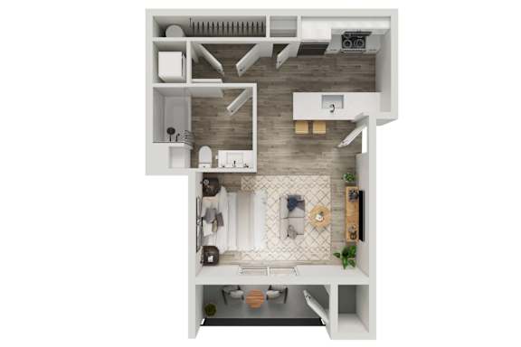 A top down view of a small apartment with a kitchen, living room and bathroom.