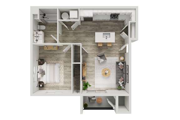 A top down view of a small apartment with a kitchen, living room, and bathroom.