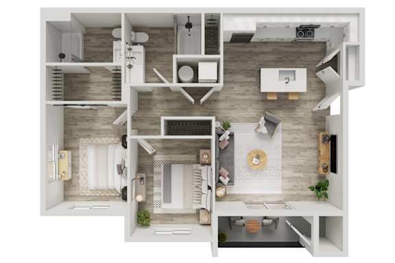 A 3D floor plan of a small apartment with a kitchen, living room, and bathroom.
