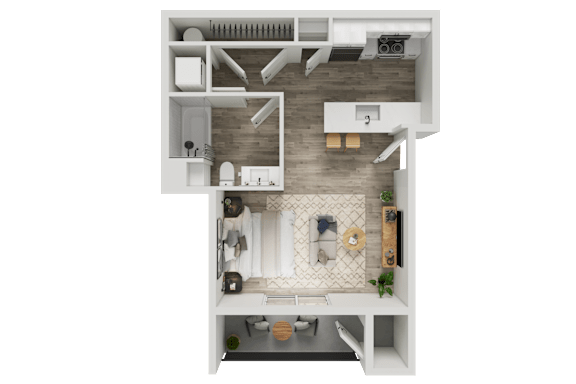 A top-down view of a small apartment with a kitchen, living room, and bathroom.