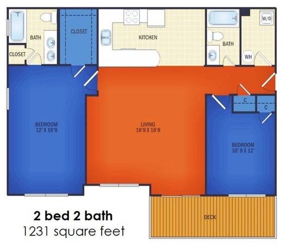 A floor plan of a 2 bedroom, 2 bathroom apartment with a total area of 1231 square feet.