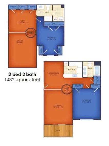 A floor plan of a 2 bedroom, 2 bathroom apartment sized 1432 square feet.