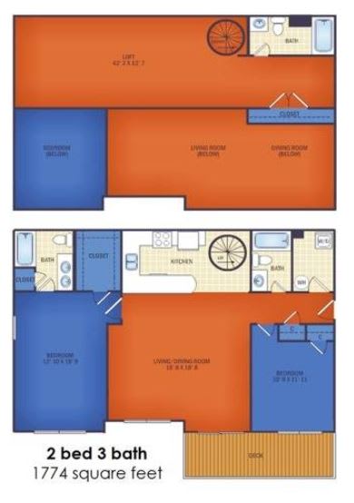 A floor plan of a 2 bedroom, 3 bathroom apartment with a total area of 1774 square feet.